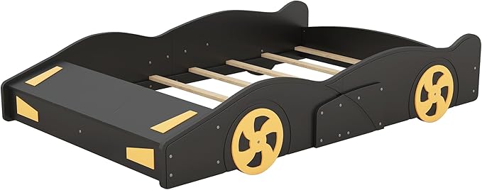 Full Size Car Bed with Storage, Race Car Shaped Bed with Wheels, Wood Car Floor Bed Frame for Teens, Wooden Slats Support, Easy Assembly, Black and Yellow