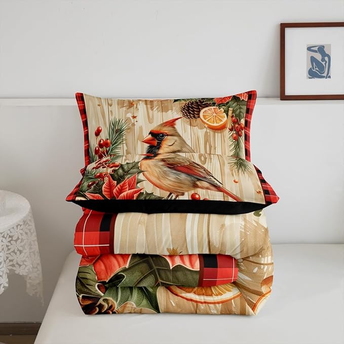 jejeloiu Kids Red Cardinal Comforter Set Full Size Christmas Red Black Plaid Flower Bedding Set for Boys Girls Teens Xmas Birds Animal Lemon Winter Wood Plank Duvet Quilt Room Decor