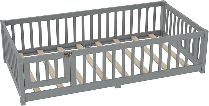 Bellemave Twin Size Floor Bed Frame with Fence and Door for Kids, Montessori Floor Bed with Slats and Safety Guardrails,Solid Wood Twin Bed Frame for Girls Boys,Grey