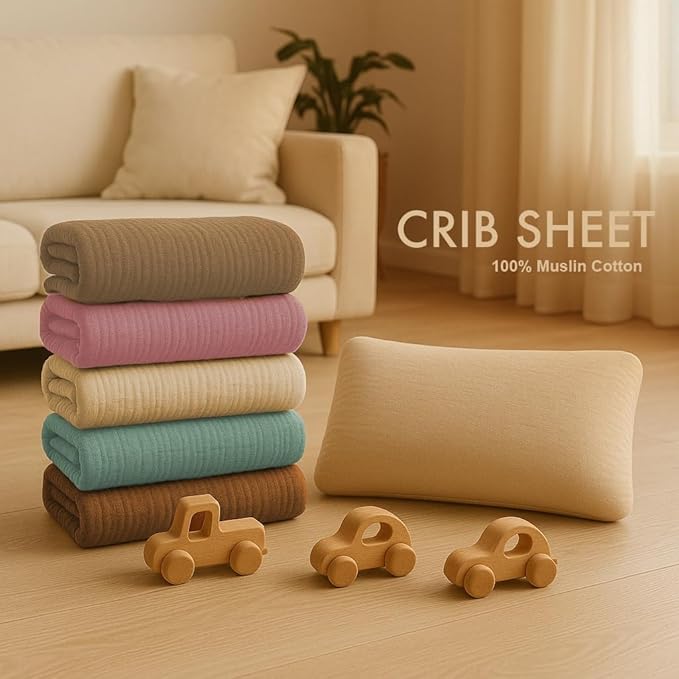 Crib Sheets Neutral Muslin Fabric 52x28x9 Inches 2 Pack Brown & Beige Baby Crib Sheets Fits Rectangular & Oval Crib Mattress, Won’t Slip Off, Baby Crib Bedding for Boys & Girls