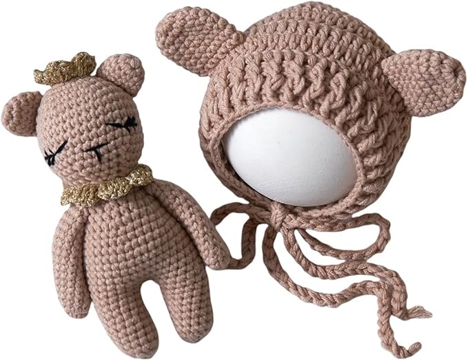 Zeroest Newborn Photography Outfits Boy Girl Bear Props Baby Photoshoot Crochet Bonnet Stuffed Animals for Newborn Photo