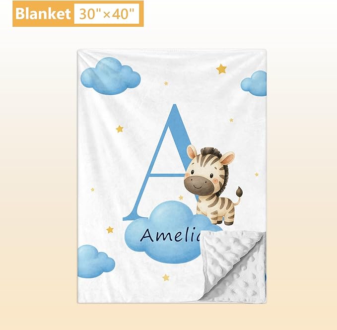 5 Piece Customized Crib Bedding Set for Baby Boys - Custom Name Baby Crib Blue Zebra Nursery Bedding Set with Fitted Sheet, Soft Blanket, Rug, Personalized Gifts for Newborn, Toddler, Infant