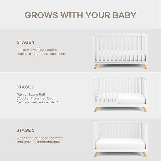 Comfy Cubs Baby Crib for 0 to 3 Years - Adjustable Mattress Height, Natural Wooden Crib for Baby, Elegant Nursery Furniture - 80 lbs Capacity Nursery Bed - White Bars and Frame with Natural Wood Leg