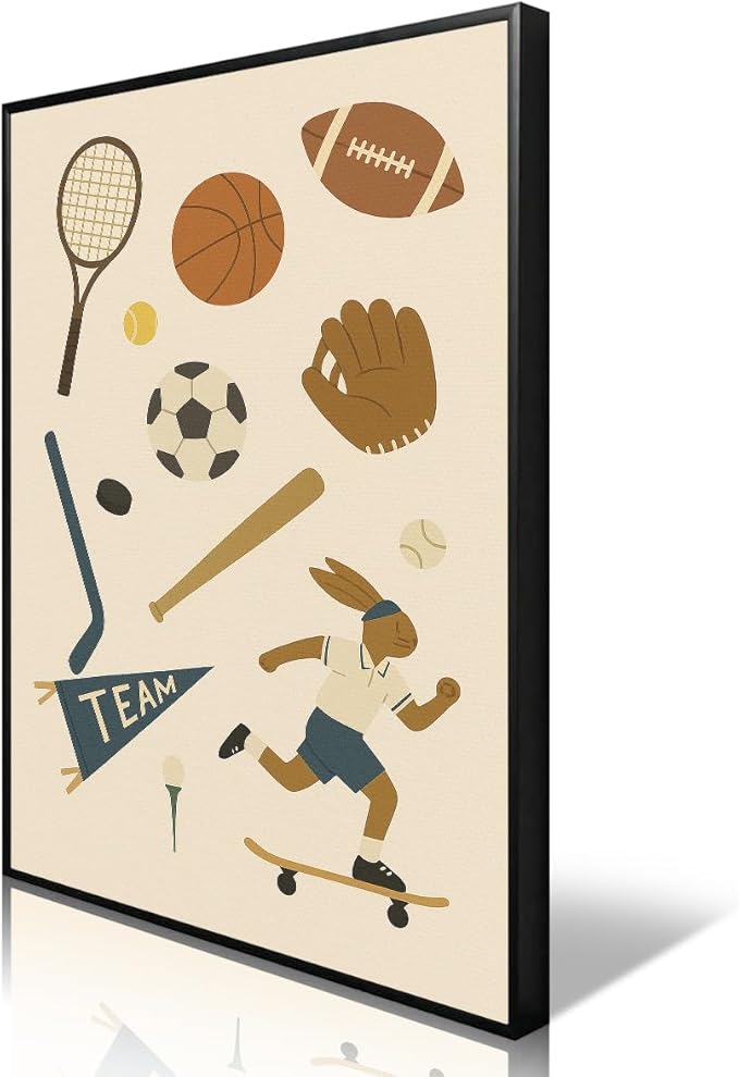 Sports Posters for Boys Bedroom, Boy Nursery Canvas Wall Art, Cute Animal Athletes & Sports Equipment Pictures, Charming Quotes Take Me Out To The Ball Game Play All Day Print 16x24in Framed