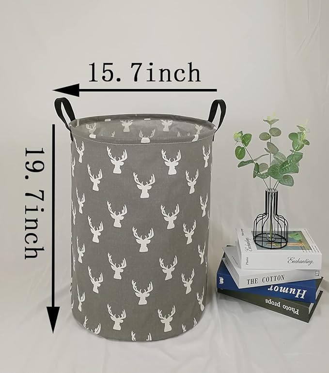 KUNRO Round Laundry Gift Basket Storage Hamper, Kids Toys and Clothes Storage Organizer Bins, Toy Shelf Basket with Handles for Room Decor (Grey deer)