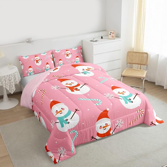 Feelyou Pink Christmas Bedding Set Soft for Boys Girls, Snowman Comforter Set Full Size Snowflake Duvet Quilt Microfiber Candy Cane Bedroom Decor 3 Pcs with 2 Pillow Cases