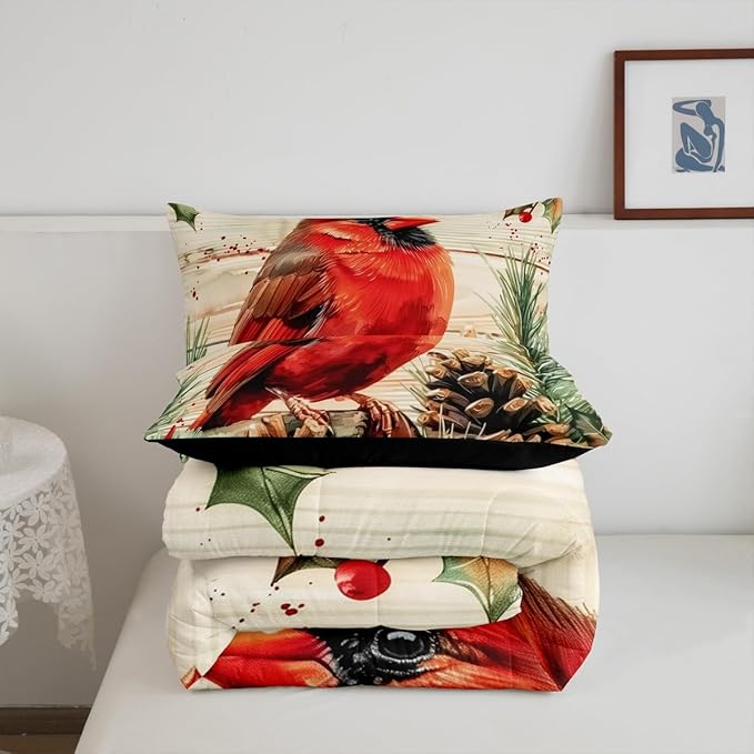 jejeloiu Kids Red Cardinal Comforter Set Queen Size Christmas Theme Bedding Set for Boys Girls Teens Xmas Birds Winter Rustic Wood Plank Animal Duvet Quilt Room Decor