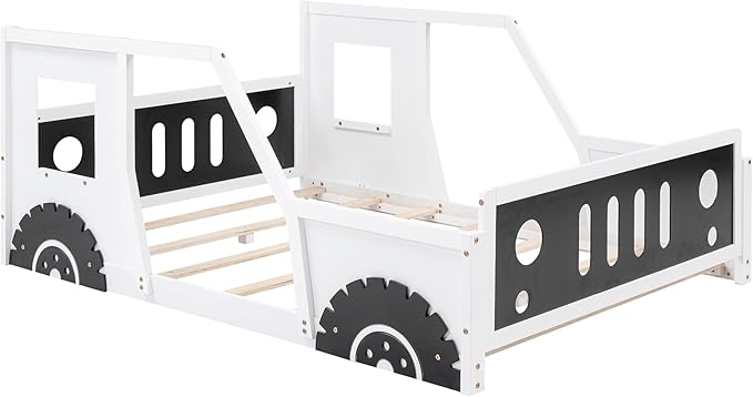 Full Size Car-Shaped Kids Bed with Headboard & Footboard and 4 Side Rails, Race Car Montessori Bed for Boys & Girls, White