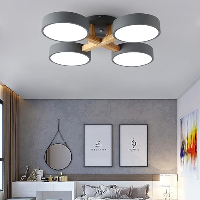 LED Flush Mount Ceiling Light Fixture with 3000K/4000K/6000K Temperatures Selectable,24Inch 44W Chandelier Modern Wood Ceiling Lamp for Bedroom Kitchen, 4-Lights Indoor Lighting Grey Pendant Light
