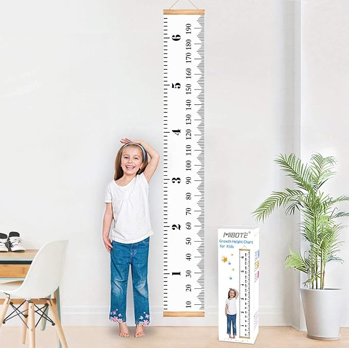 Mibote Baby Growth Height Chart Handing Ruler Wall Decor for Kids, Canvas Removable Height Growth Chart 79" x 7.9" (Black & White)