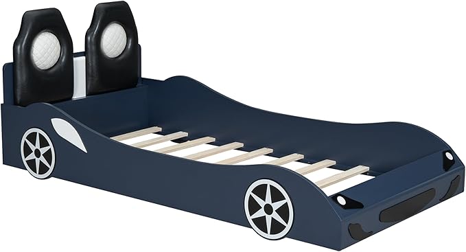 Harper & Bright Designs Wood Twin Size Race Car-Shaped Platform Bed with LED and Upholstered Backrest, Blue