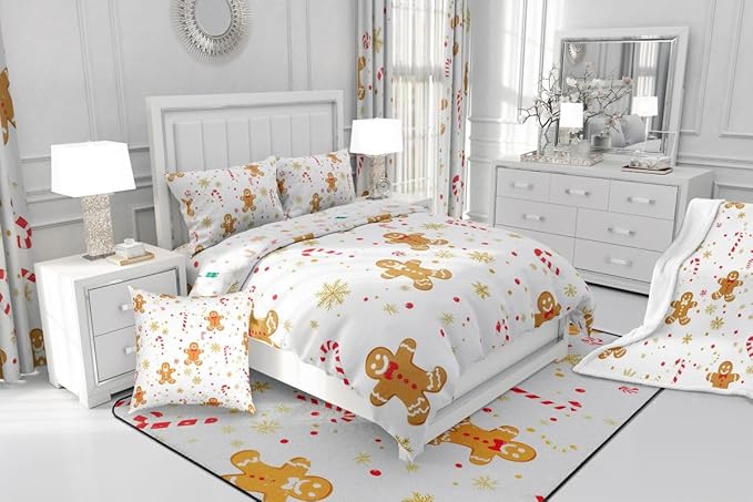 Feelyou Cute Gingerbread Man Comforter Set King Size Candy Cane Bedding Set for Kids Boys Girls Golden Snowflake Duvet Quilt Christmas Pattern Bedroom Decor Festive Design 3 Pcs with 2 Pillow Cases