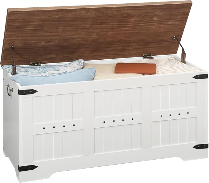 HOOBRO Toy Box, Storage Bench with Safety Hinges, Wooden Toy Chest, 39.4" Farmhouse Storage Chest, for Entryway, Bedroom, Living Room, White and Walnut WH507CW01