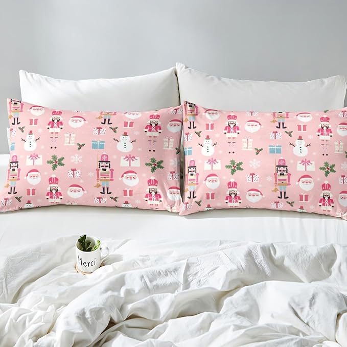 Pink Christmas Nutcracker Decorative Comforter Cover Twin Size Xmas Cartoon Santa Claus Duvet Cover New Year Festival Snowman Snowflake Bedding Set Gifts for Kids Boys Girls 1 Pillow Case Pink