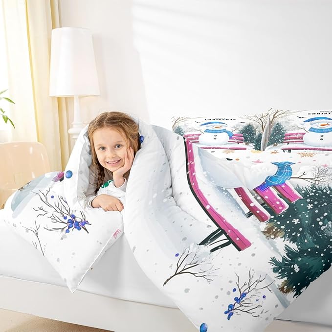 Feelyou Merry Christmas Bedding Set Soft for Boys Girls, Cute Snowman Comforter Set Twin Size Snowflake Duvet Quilt Microfiber Christmas Tree Bedroom Decor 2 Pcs with 1 Pillow Cases