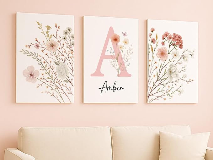 Personalized Girls Nursery Wall Art - Custom Name Pink Floral Butterfly Canvas Print 3pc Framed Wrapped Canvas for Bedroom Living Room Entryway Study Room Initial Wall Decor Baby Shower Birthday Easter Graduation New Year Valentine's Day Gift (30×40cm/...