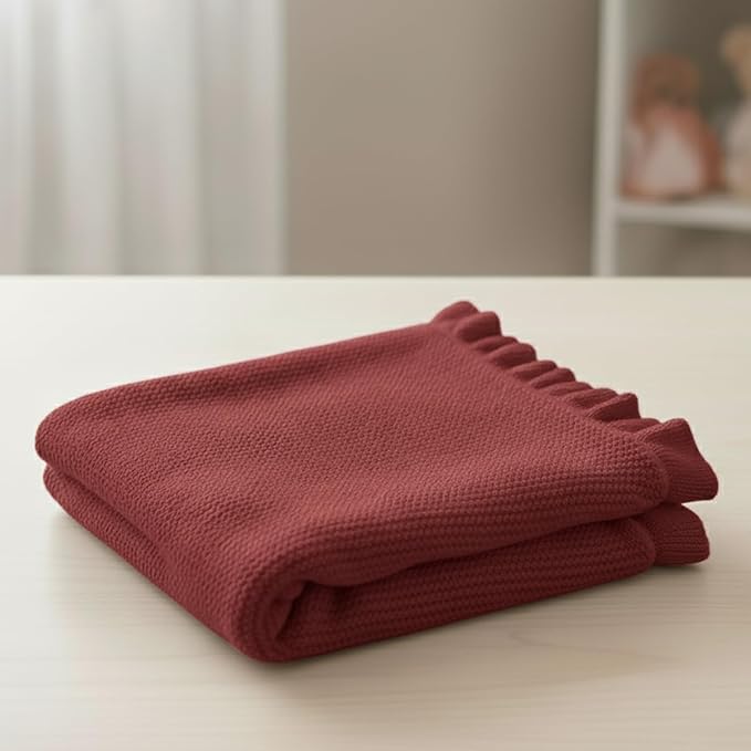 Cotton Baby Blanket with Ruffle Edge Soft Breathable Newborn Blanket for Boys & Girls, Lightweight Knit Throw for Crib, Stroller & Nursery Multiple Colors Available Red 30x40