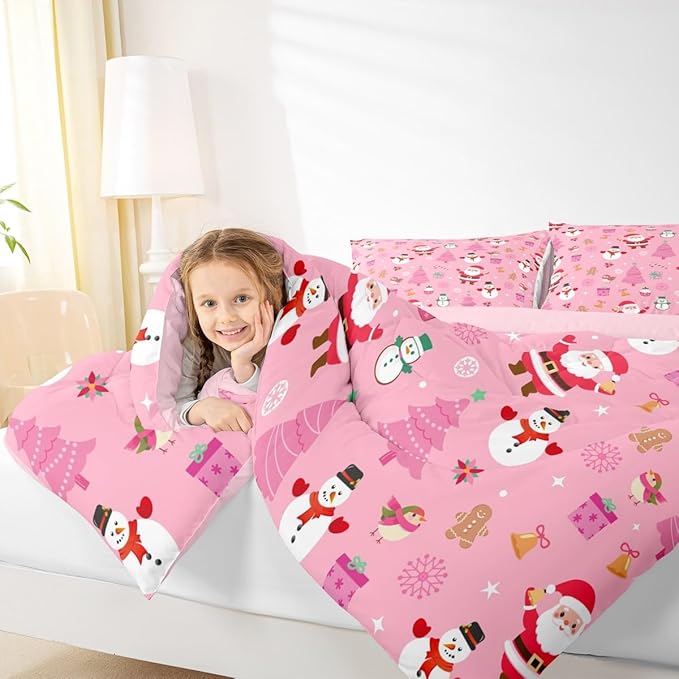 Feelyou Christmas Kids Comforter Set Twin Size Happy New Year Bedding Set Santa Claus Duvet Quilt for Kids Boys Girls Bedroom Merry Christmas Decor Microfiber Ultra Soft Breathable