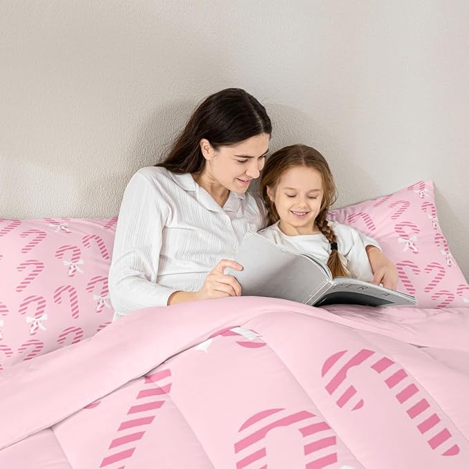 Feelyou Merry Christmas Comforter Set Toddler Size Pink Candy Cane Bedding Set for Kids Boys Girls Bow Duvet Quilt Bedroom Decor Microfiber 2 Pcs with 1 Pillow Cases