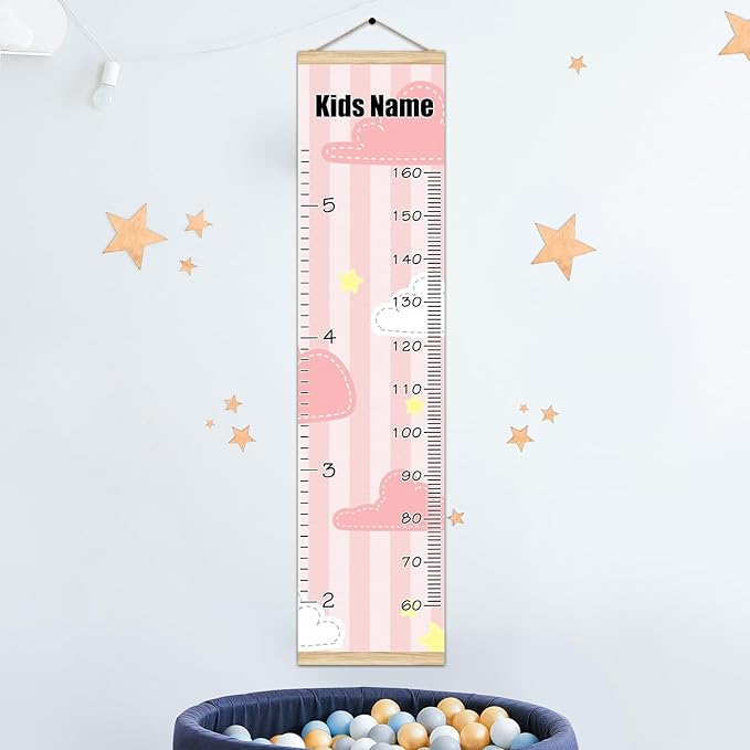 Personalized Kids Name Growth Chart Ruler for Wall Wood Frame Height Measure Chart 13.4x56 in Linen Hanging Height Growth Chart Cute Pink Kids Room Decor