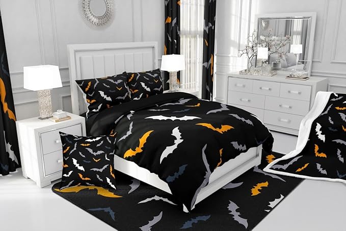 Erosebridal Gothic Halloween Decor Comforter Set King Size for Kids Boys Girls - Bats Animal Silhouette Bedding Set with 2 Pillow Cases, Orange and Grey Duvet Insert