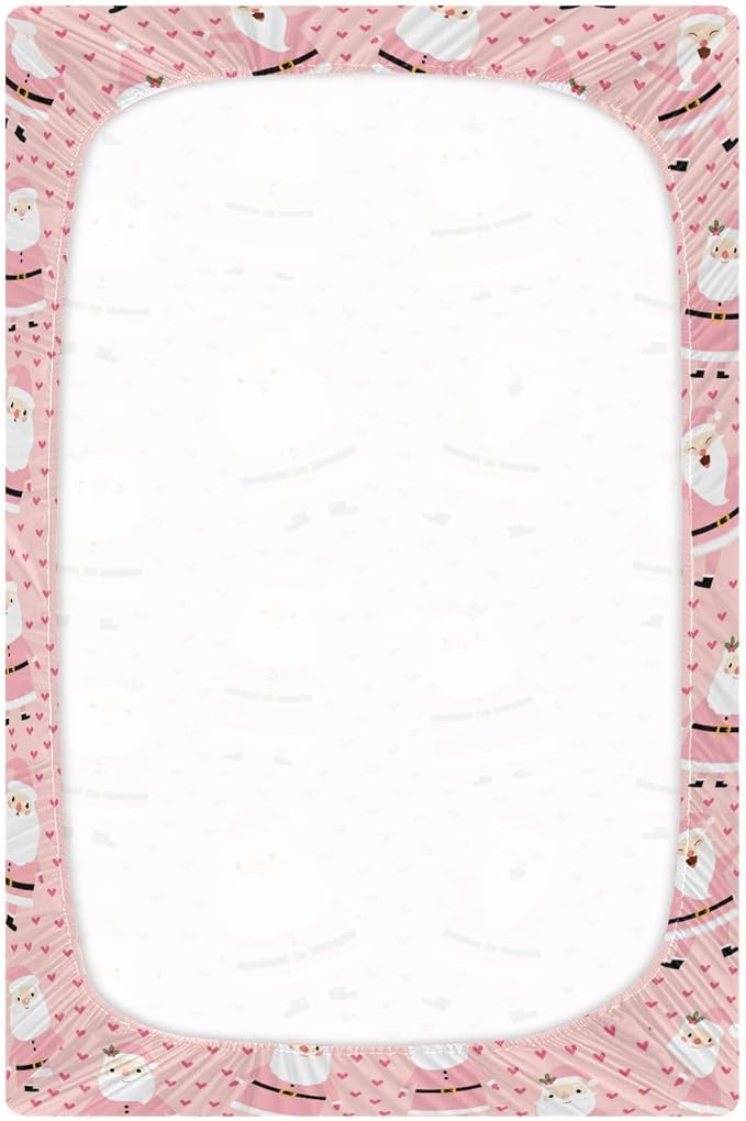 Christmas Pink Santa Crib Sheets Soft Breathable Fitted Baby Playard Sheets Mattress Cover for Girl Boys, 39" x 27" x 5"
