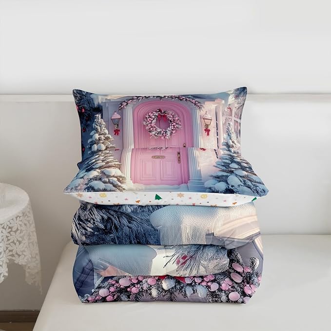Feelyou Merry Christmas Kids Comforter Set Toddler Size Winter Snowscape Bedding Set Pink Door Duvet Quilt for Kids Boys Girls Bedroom Garland Xmas Tree Decor Microfiber Ultra Soft Breathable