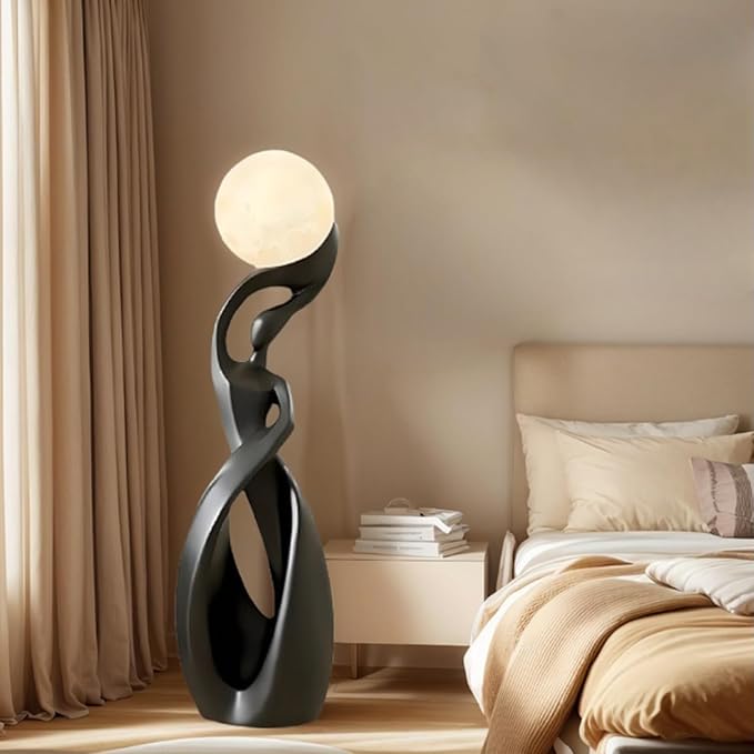 Bofea-Unique Moon Floor Lamp for Living Room,Modern Black Standing Lamps with 3D Printing Frosted Shade,Corner Art Deco Lamp,Creative Resin Tall Floor Lights for Living Room Bedroom.