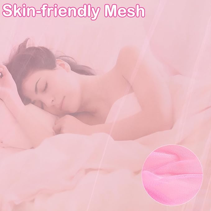 Lovelite Pink Bed Canopy with Lights for Girls, 8 Corners Post Canopy Bed Curtain with Pink LED Star Lights Remote Control for Girls Bedroom, Hanging Princess Canopy for Twin Full Queen King Bed