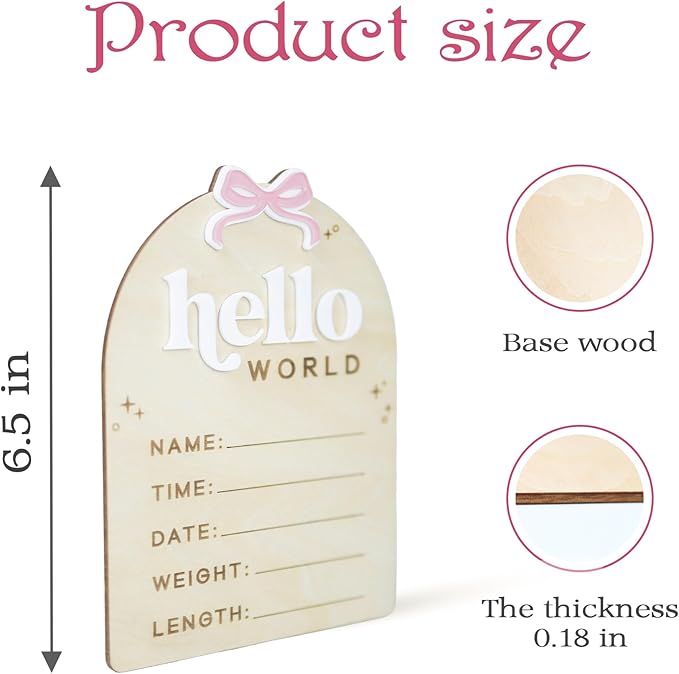 Baby Announcement Sign with Stand & Marker – Hello World Wooden Name Plaque for Newborn Photoshoot, Baby Shower, Rustic Keepsake Birth Stat Sign for Hospital Birth Announcement (Acrylic Ribbon)