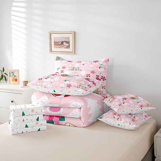 Christmas Kids Bedding Set Cartoon Snowman Gingerbread Man Comforter Set with Sheets for Boys Girls Christmas Tree Decor Bed in a Bag Pink Xmas Theme Bed Set 7Pcs King Size