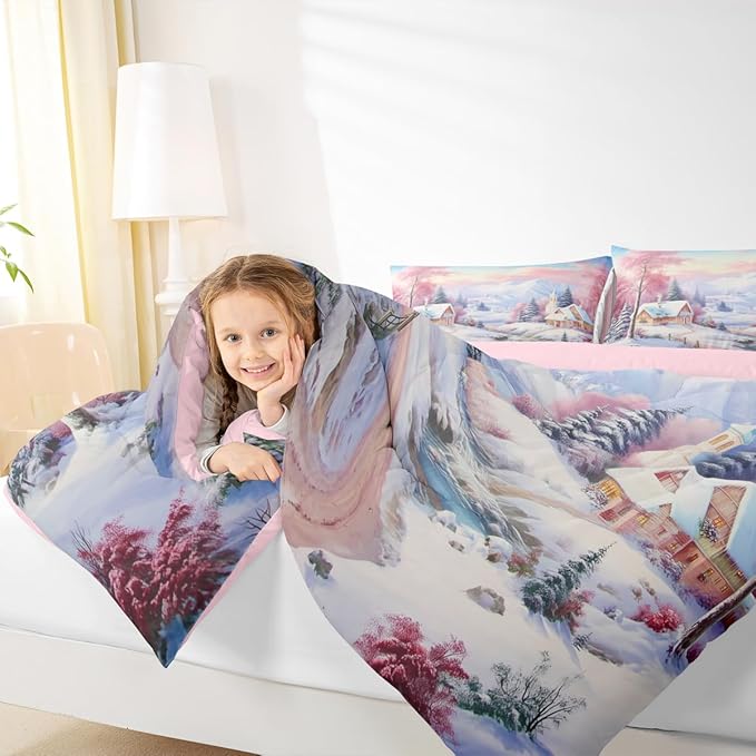 Feelyou Merry Christmas Kids Comforter Set Toddler Size Village Barn Bedding Set Winter Snowscape Duvet Quilt for Kids Boys Girls Bedroom Pine Tree Decor Microfiber Ultra Soft Breathable