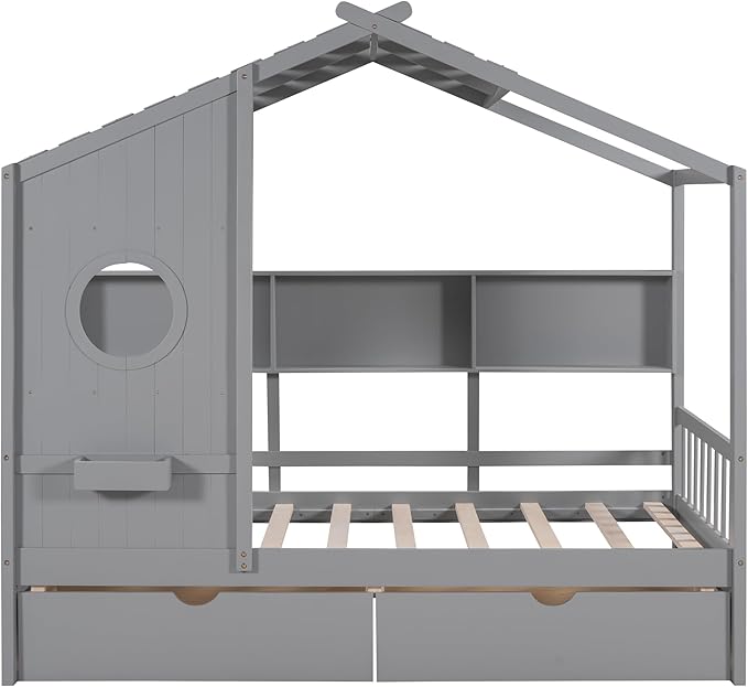 Bellemave Twin Size House Bed with Storage Drawers,Kids House Bed Frame with Shelves,Cute Wood House Bed Twin with Roof for Kids,Girls,Boys,Gray