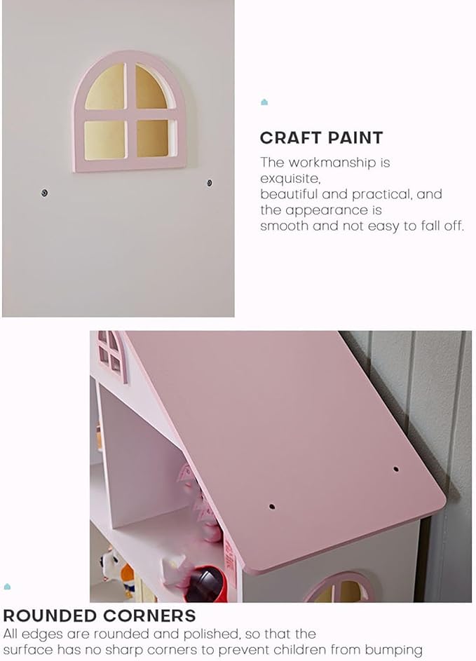 Wooden Dollhouse Bookshelf 4-Tier Kids Bookcase, Toy Storage Organizer & Playhouse with 6 Compartments for Girls Boys, Pink and White Room Furniture for Bedroom Playroom