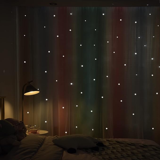 Kinryb Nursery/Kids/Girls Room Star Cut Out Blackout Rainbow Curtain with Sheer Overlay 2 Panels, Each 52 inch Wide,45 inch Length with White Gauze,Ombre Stripe Rainbow Curtains (2 Panels,52x45 Inch)