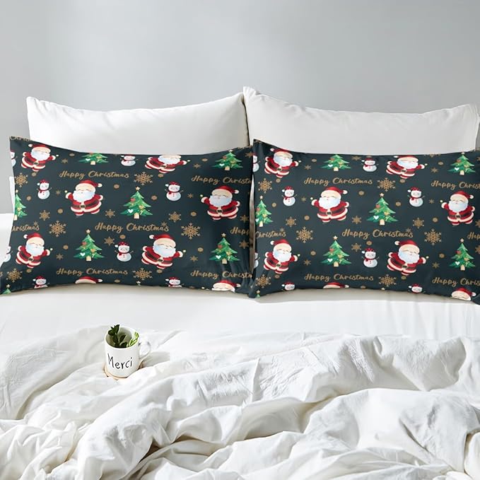 Christmas Duvet Cover Set King Size, Santa Claus Xmas Trees Snowman Sonwflake Comforter Cover with 2 Pillowcases, New Year Theme Bedding Set for Kids Boy Girl Lightweight Bedspread Cover,No Comforter