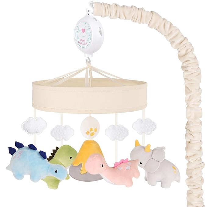 Dinosaur Crib Mobile – Beige Dino Baby Crib Mobile with 3-Mode Music Box, Nursery Mobile with Triceratops, T-Rex, Volcano, Fits Standard Cribs
