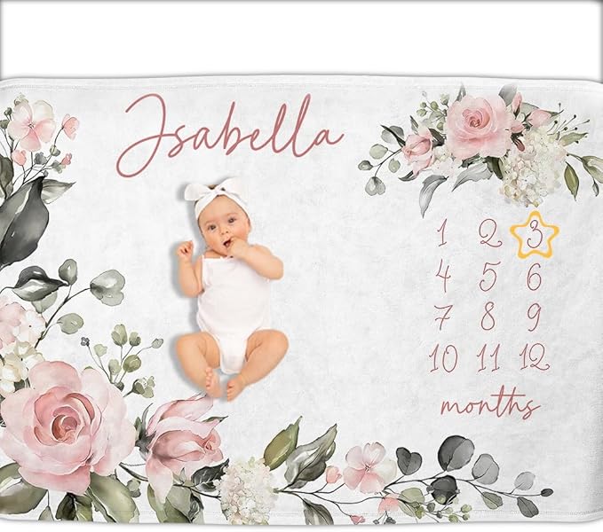 OLIVE OLIVIA Personalized Monthly Baby Milestone Blanket, Baby Months Blanket, Perfect Custom Newborn Gifts,30"x40"