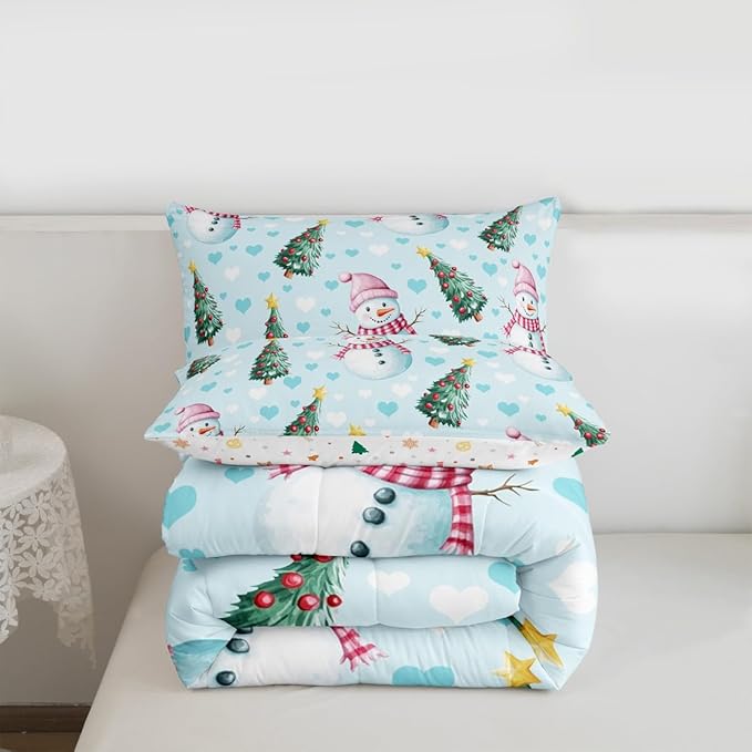 Feelyou Merry Christmas Kids Comforter Set King Size Cute Snowman Bedding Set Christmas Tree Duvet Quilt for Kids Boys Girls Bedroom Love Hearts Decor Microfiber Ultra Soft Breathable