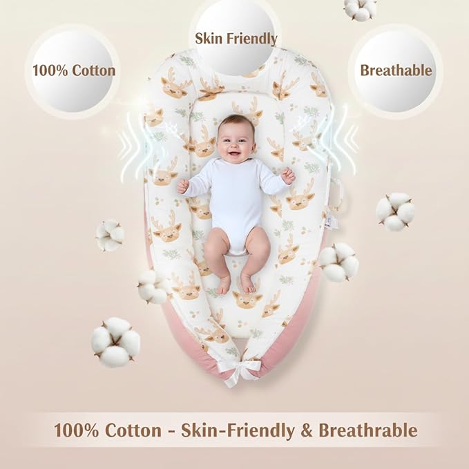Baby Lounger – Infant Lounger for Newborn 0–24 Months, Baby Nest Lounger, Portable Newborn Lounger, Soft Breathable Cotton, Essentials for Babies at Home and Travel (Pink)