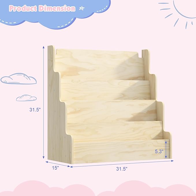 4 Tier Scalloped Kids Bookshelf Natural Wood Toddler Book Rack Nursery Bookcase Playroom Coloring Book Magazine Display Storage Shelf Organizer Classroom Library Homeschooling (Normal)