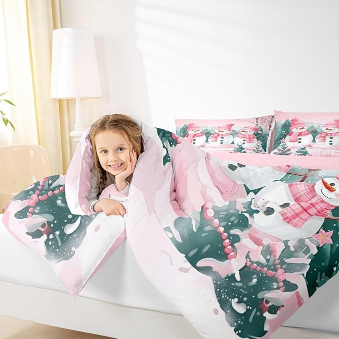 Feelyou Pink Christmas Kids Comforter Set Full Size Merry Christmas Tree and Snowman Bedding Set Cute Snowman Duvet Quilt for Kids Boys Girls Bedroom Xmas Snowflake Decor Kawaii Ultra Soft Breathable
