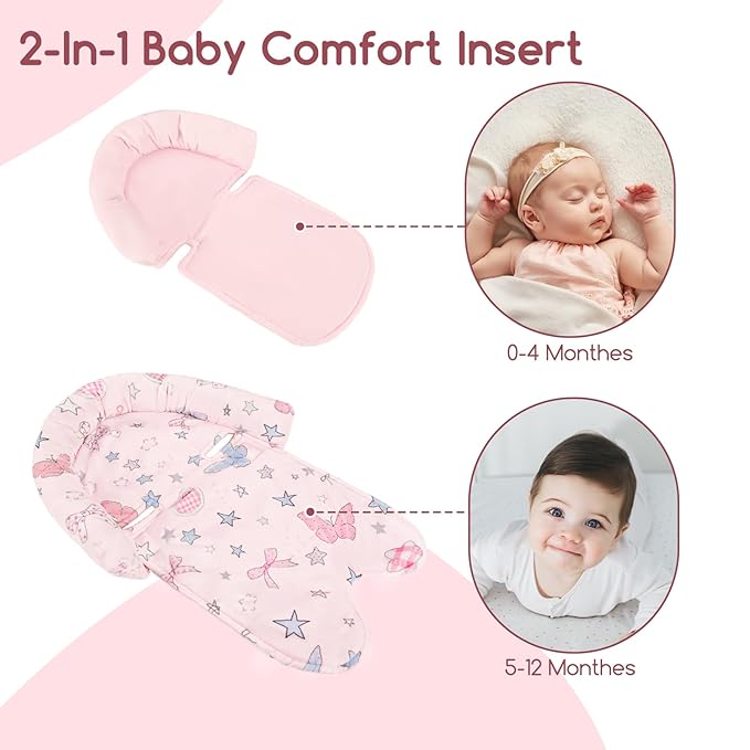 GFU Baby Car Seat Head Support for Newborn, 2 in 1 Infant Car Seat Head Body Support with Strap Pads, Soft Stroller Cushion Pillow Insert for Girls, Fits for Stroller, Swing, Pink Stars