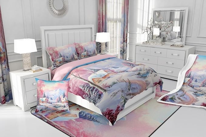 Feelyou Merry Christmas Kids Comforter Set Full Size Village Barn Bedding Set Winter Snowscape Duvet Quilt for Kids Boys Girls Bedroom Pine Tree Decor Microfiber Ultra Soft Breathable