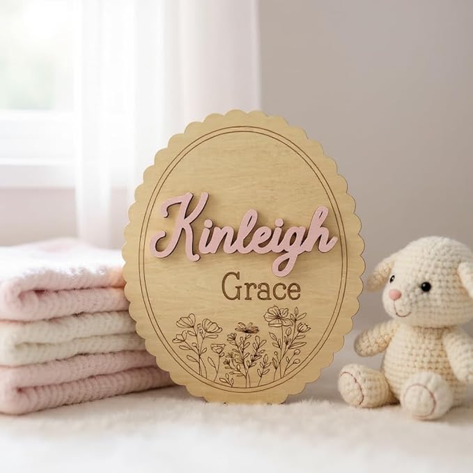Personalized 3D Baby Name Sign with Floral Design, Scallop Engraved Birth Announcement Plaque, Baby Shower - Newborn Keepsake (Name + Stat Sign Bundle)