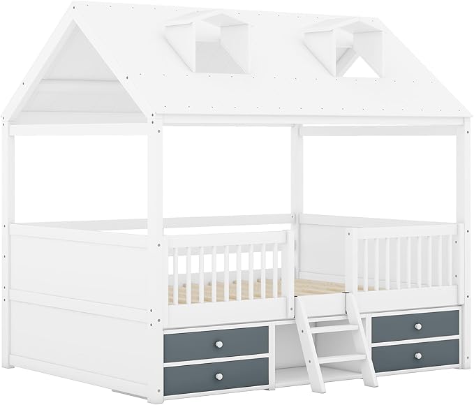Merax Full Size Wood House Bed Frame with Full-Length Fence and 4 Storage Drawers, Funny Playhouse Tent Bed with Roof and 2-Step Ladder for Children Boys Girls Bedroom, No Box Spring Needed, White