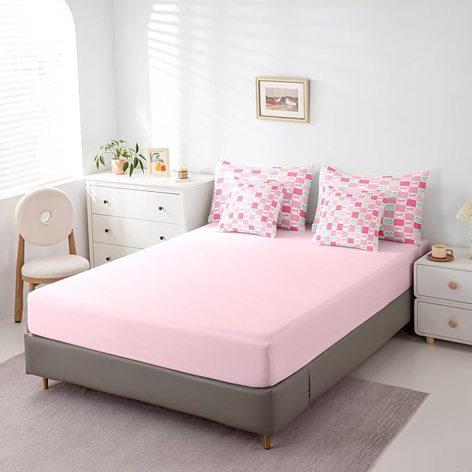7 Pieces Cartoon Frog Kids Comforter Set Queen,Pink Bowknot Bow Tie Butterfly Knot Bedding Set,Geometric Plaid Grid Patchwork Cute（Comforter+Fitted+Flat Sheet+2 Pillowcases+2 Throw Pillow Covers）
