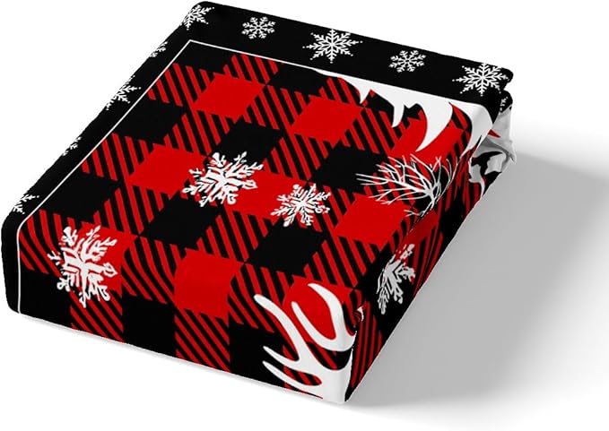 Manfei Christmas Duvet Cover Set Full Size, Xmas Deer Tree Snowflake Print Bedding Set 3pcs for Kids Boys Girls Bedroom Decor, Black Red Plaid Print Comforter Cover with 2 Pillowcases,No Comforter