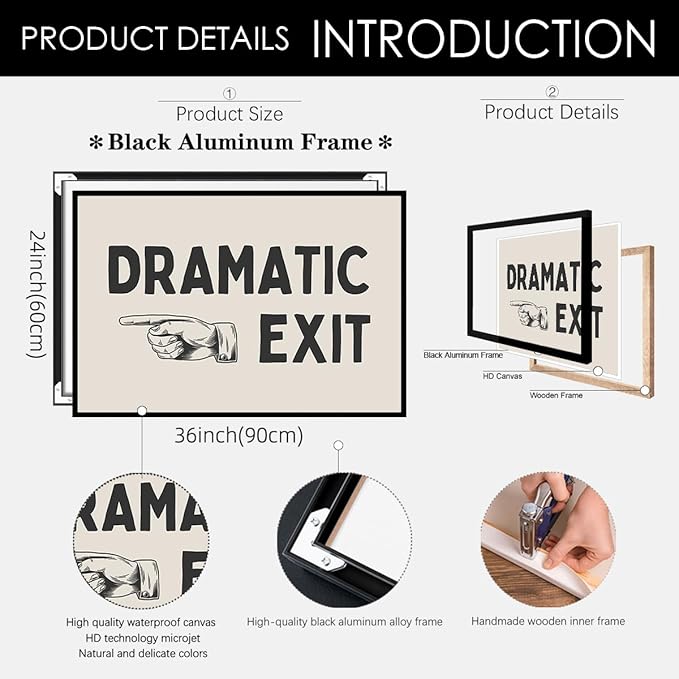 Black and White Dramatic Exit Wall Art Funny Quote Poster 24x36 inch Black Framed Trendy FunMinimalist Typography Canvas Prints For Home Office and Hallway Wall Decor