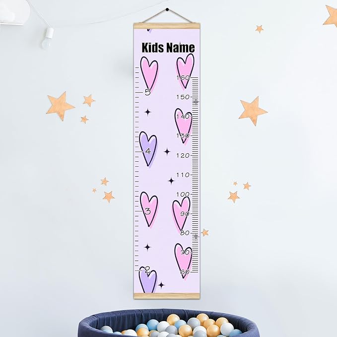 Personalized Kids Name Growth Chart Ruler for Wall Wood Frame Height Measure Chart 13.4x56 in Linen Hanging Height Growth Chart Pink Purple Kids Room Decor